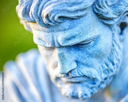 Pensive stone man statue, garden, close-up