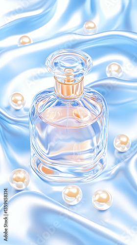 Perfume bottle on silk, pearls, luxury, fragrance, advertising