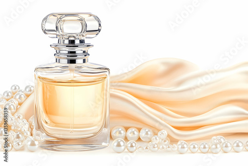 Perfume bottle, silk, pearls, white background