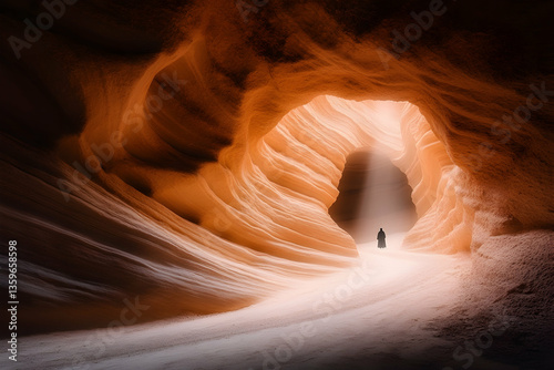 Person exploring sandstone cave, light beam, desert background, spiritual travel photography