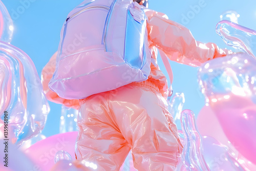 Person in pastel suit walks through surreal landscape