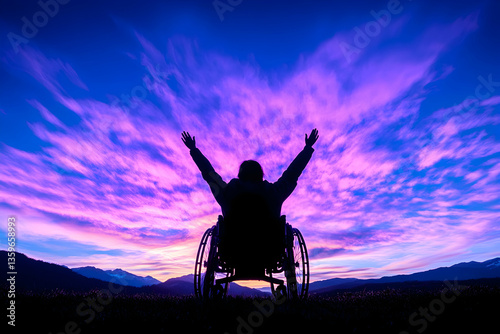 Person in wheelchair enjoying sunset, mountains background