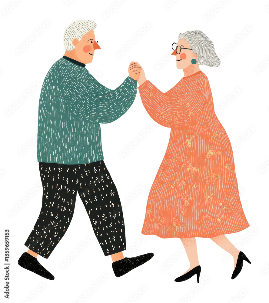 PNG Senior couple holding hand illustration clothing pattern.