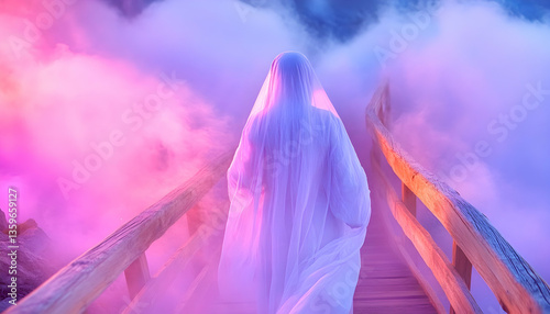 Person in white robe walks bridge above clouds, colorful sky