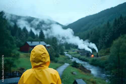 Person in yellow raincoat views misty valley village