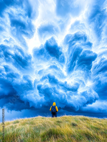 Person observing majestic storm clouds over grassy hill; nature backdrop, weather photography