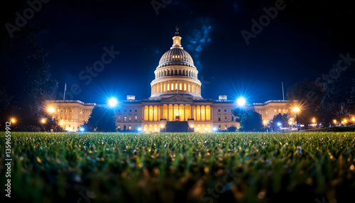 Night view of Capitol building, Washington DC, illuminated, grassy foreground