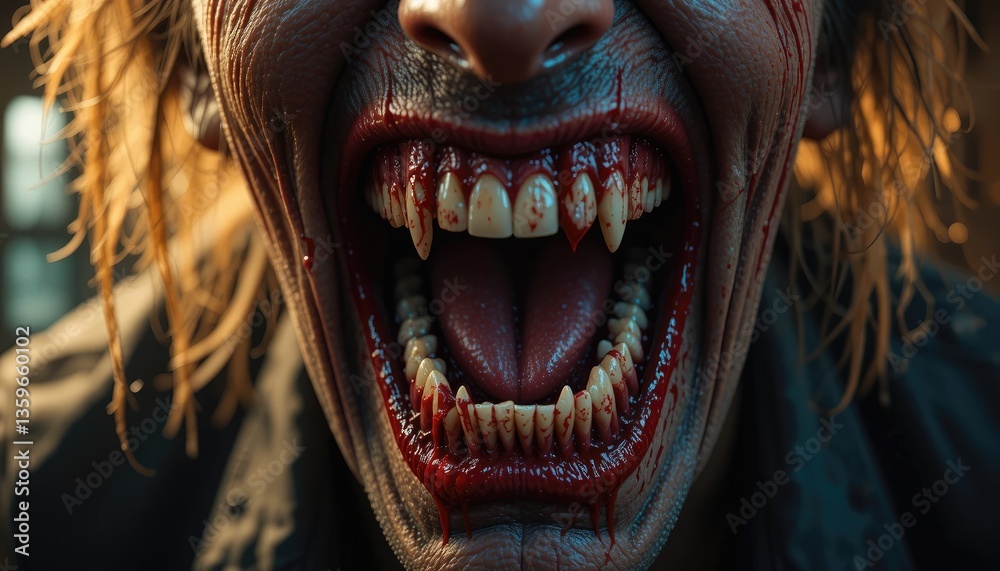 Naklejka premium Vampire Showing Fangs with Blood Dripping Scary Horror Halloween Image