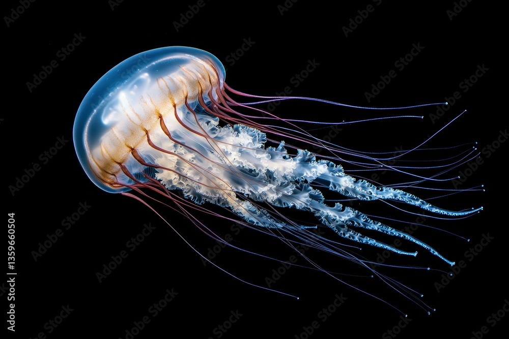 Fototapeta premium Vibrant jellyfish gracefully floating in dark waters, showcasing its translucent body and flowing tentacles, perfect for nature enthusiasts