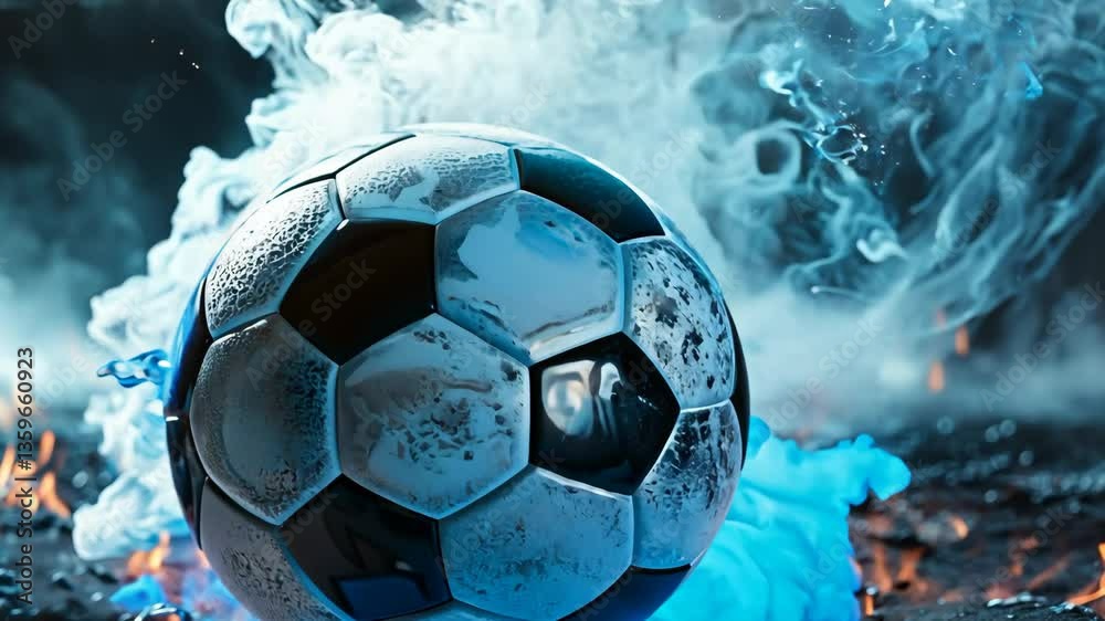 A soccer ball in blue smoke
