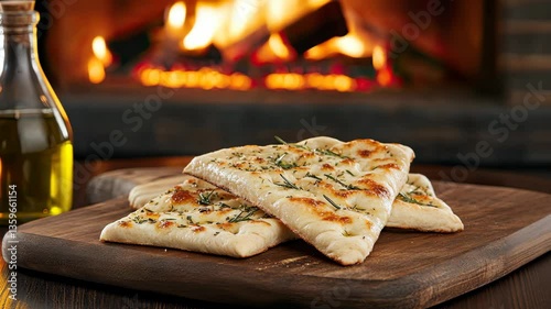 Wallpaper Mural Freshly baked flatbreads topped with herbs served alongside a bottle of olive oil in a warm kitchen by the fireplace Torontodigital.ca