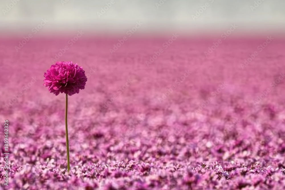 Obraz premium A single, vibrant pink flower stands tall amidst a vast field of pink blooms, creating a captivating, dreamy landscape, offering a unique and beautiful perspective.