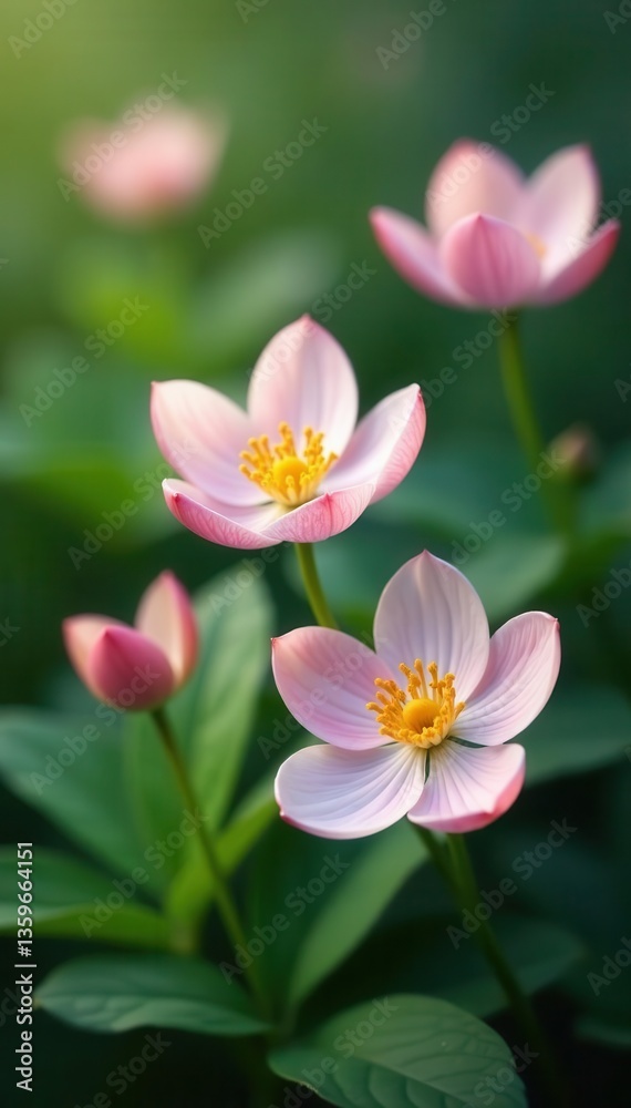 Delicate spring flowers, lush leaves, soft color palette , design, bud Delicate spring flowers, lush leaves, soft color palette , design, bud