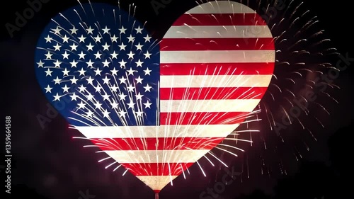 American flag heart with fireworks in celebration of independence day Happy 4th of July, Independence Day USA