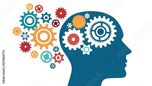 Creative representation of a mind with colorful gears symbolizing thought processes.