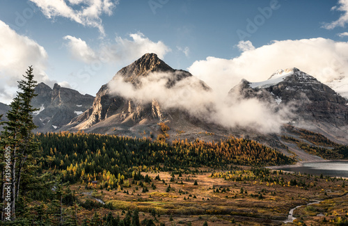 Rocky mountains with fog and blue sky on autumn forest at Assiniboine provincial park photo