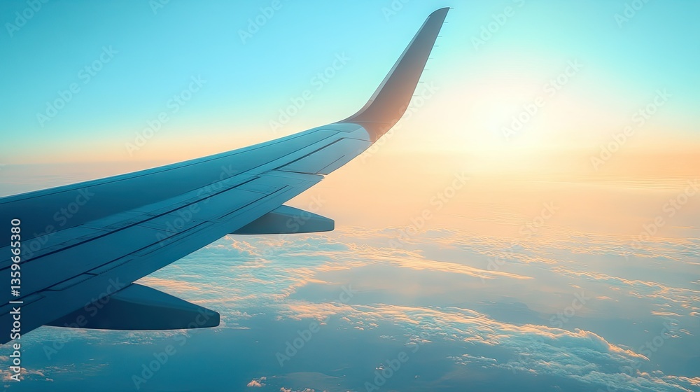 Fototapeta premium An airplane wing cutting through the vibrant blue sky, with sunlight reflecting off the metal surface.