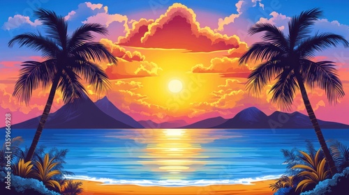 Idyllic Tropical Beach Paradise with Palm Trees and a Fiery Sunset Sky