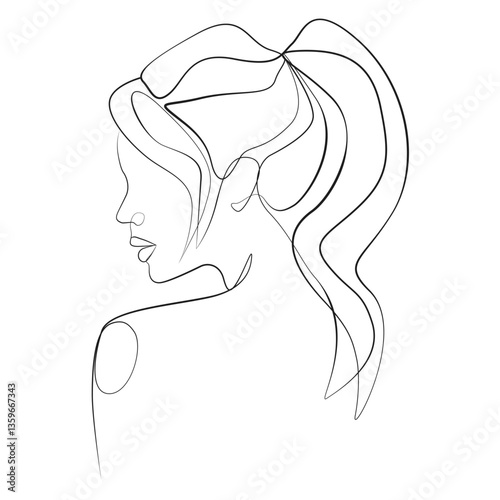 Woman head one line drawing on white isolated background, side view. Hair pulled back into a ponytail