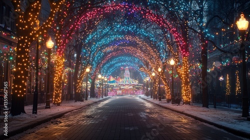 Colorful Carnival Scene Under Festive Lights at Night