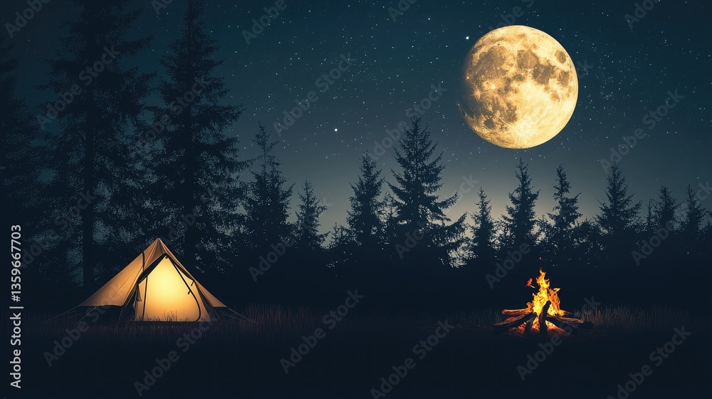 Fototapeta premium A camping tent under a full moon, with a silhouetted forest in the background and a small campfire nearby.