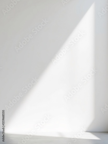 Bright sunlight dramatically illuminates a minimalist white wall creating a serene atmosphere. AI Generated