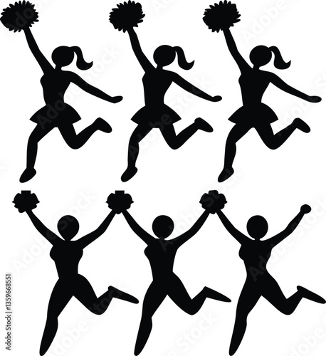 Cheerleader Silhouette Vector | Cheerleading Team Jumping with Pom-Poms