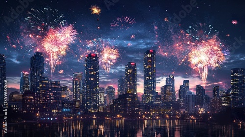 Wallpaper Mural Contemporary cityscape adorned with sparkling fireworks bursting against a crisp, dark sky, tall buildings below glowing warmly, subtle reflections on glass facades  Torontodigital.ca