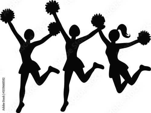 Cheerleader Silhouette Vector | Cheerleading Team Jumping with Pom-Poms