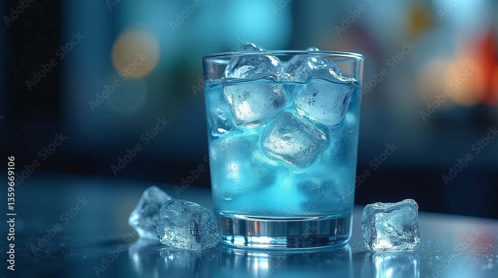 A glass filled with a blue liquid and ice cubes on a table. A glass filled with a blue liquid and ice cubes on a table.