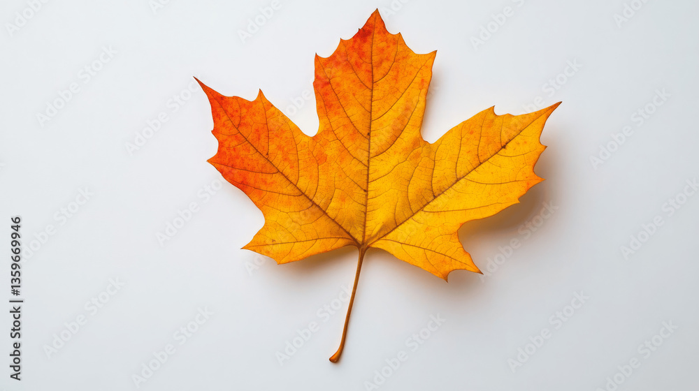 Fototapeta premium Single orange maple leaf on white background. Autumn colors.