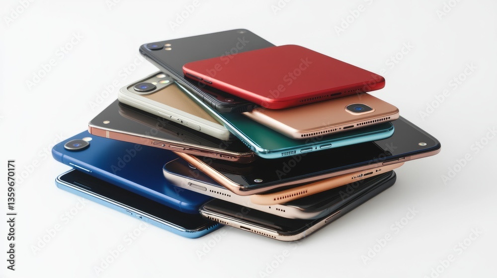 A collection of various smartphone models stacked in a pile, showcasing different brands, colors, and designs, isolated on a white background A collection of various smartphone models stacked in a pile, showcasing different brands, colors, and designs, isolated on a white background