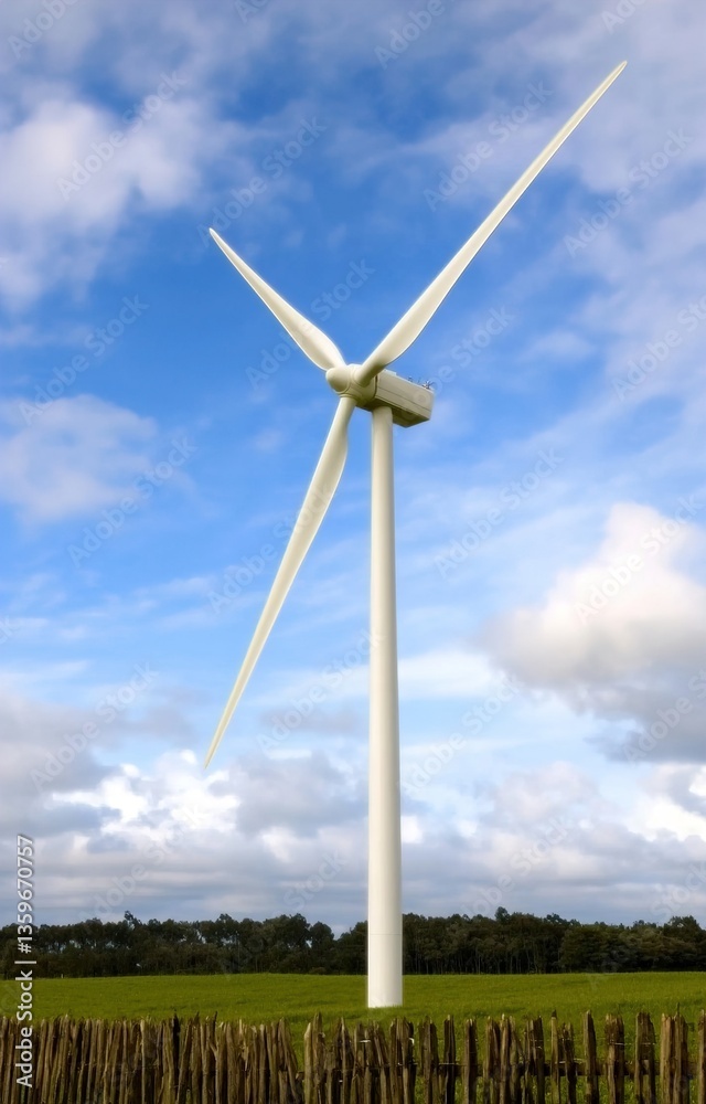 Fototapeta premium Wind turbines on green field blue sky clouds green energy concept renewable energy generator 