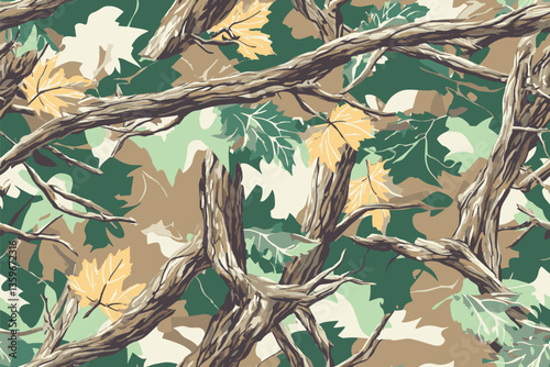 A realistic photo of a camouflage pattern with green leaves and brown oak tree branches. The background is a green camouflage.