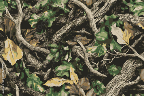 A realistic photo of a camouflage pattern with green leaves and brown oak tree branches. The background is a forest camouflage.