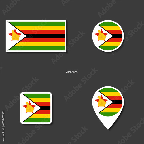 Zimbabwe flag icon set in different shape (rectangle, circle, square and marker icon) on dark grey background. Zimbabwe sticker icon collection on barely dark background	