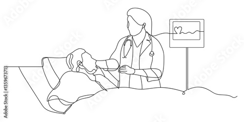 Continuous line drawing of doctor activities, medicine, patient, doctor, healthcare. Hand drawn single line vector illustration