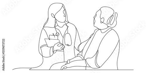 Continuous line drawing of doctor activities, medicine, patient, doctor, healthcare. Hand drawn single line vector illustration