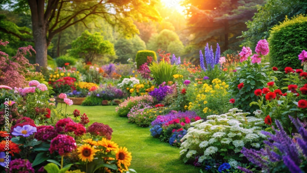 Obraz premium Colorful flowers and lush greenery in a vibrant garden scene, floral gardens