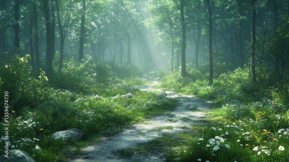 Obraz premium Sunlit Path Through Verdant Forest, a Peaceful and Mystical Journey Awaits