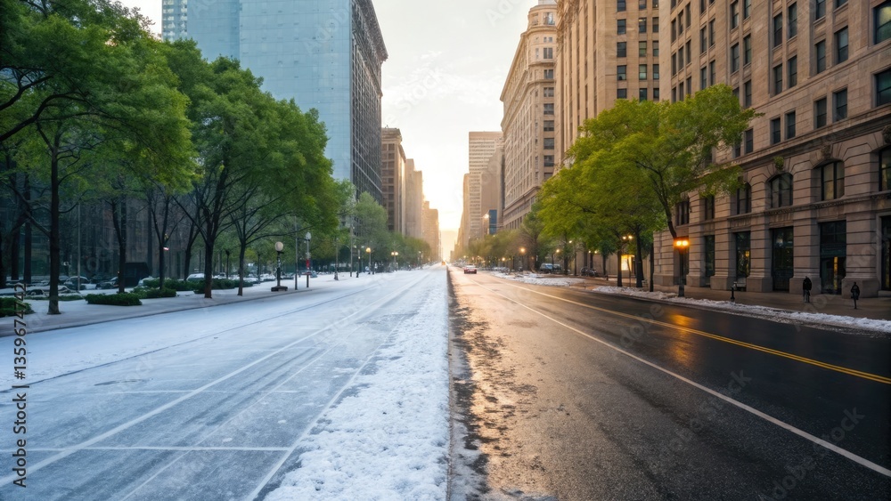 Obraz premium Winter melts into spring on a bustling city street at dawn