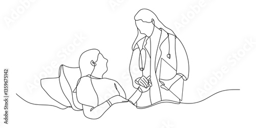 Continuous line drawing of doctor activities, medicine, patient, doctor, healthcare. Hand drawn single line vector illustration