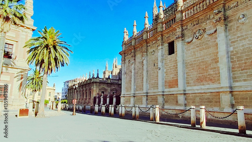 Plaza del Triunfo, Seville, Spain. Square with significant buildings: the Giralda, the Cathedral, the Alcázar and General Archive of the Indies, declared World Heritage UNESCO Sites.