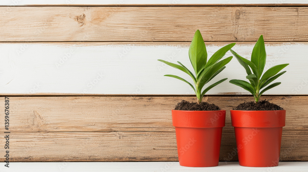 Fresh green plants in red pots against rustic wooden background create vibrant and inviting atmosphere Fresh green plants in red pots against rustic wooden background create vibrant and inviting atmosphere