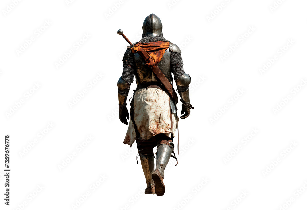 Naklejka premium Warrior dressed in medieval armor walks isolated on transparent background