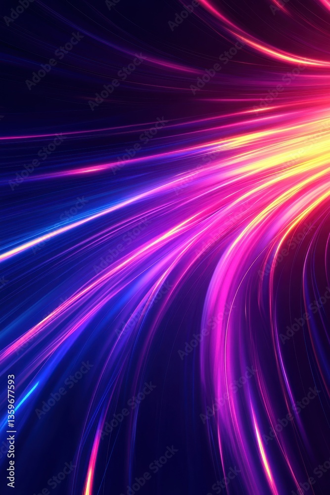 Fototapeta premium Abstract neon light rays in vibrant colors on dark blue background