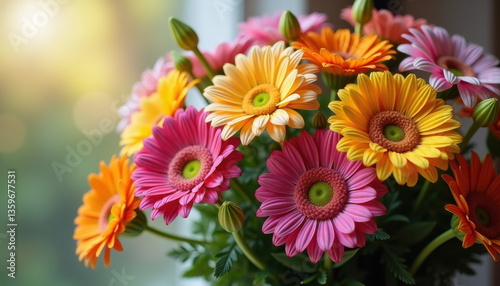 Bouquet of colorful daisies in soft natural light