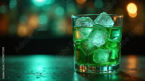 A glass filled with green beverage and ice cubes, set against a blurred, bokeh-lit background.