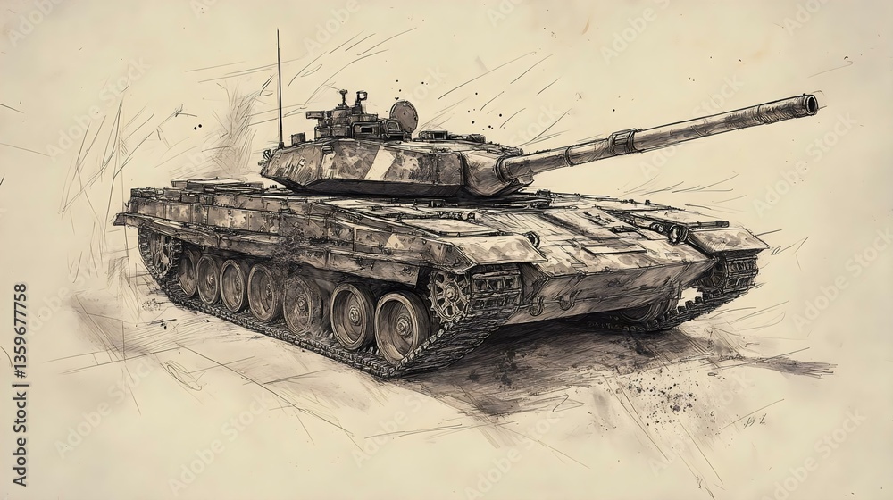 Fototapeta premium A detailed artistic illustration of a tank showcasing its features and rugged design, perfect for military or war-themed projects.