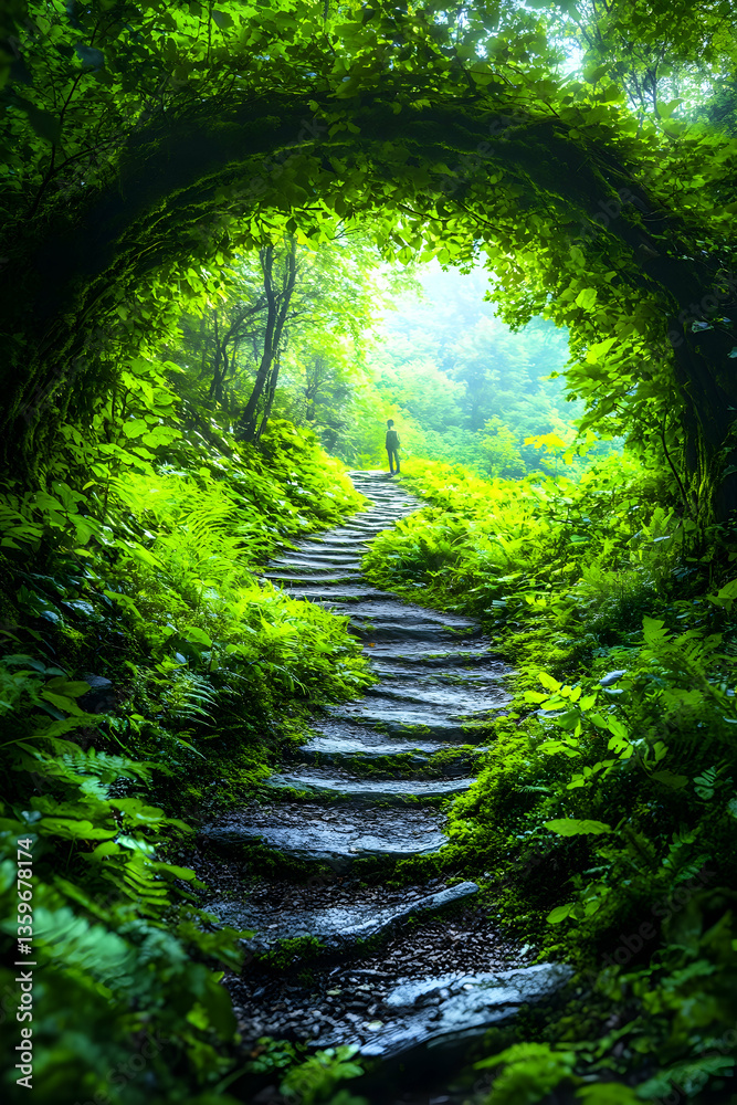 Fototapeta premium Person walks on stone path through lush green forest archway; mystical background